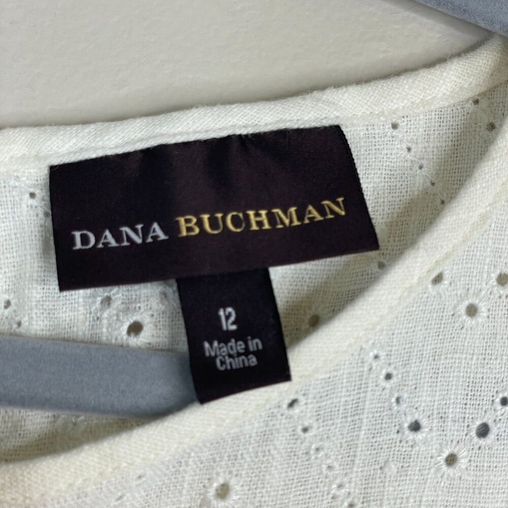 Dana Buchman Coastal Shift Dress Women 12 Eyelet Detail Linen Blend Crisp Preppy - Picture 9 of 11
